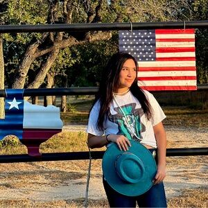 Teal suede hat with a wide brim, perfect for a western or cowboy look #western
